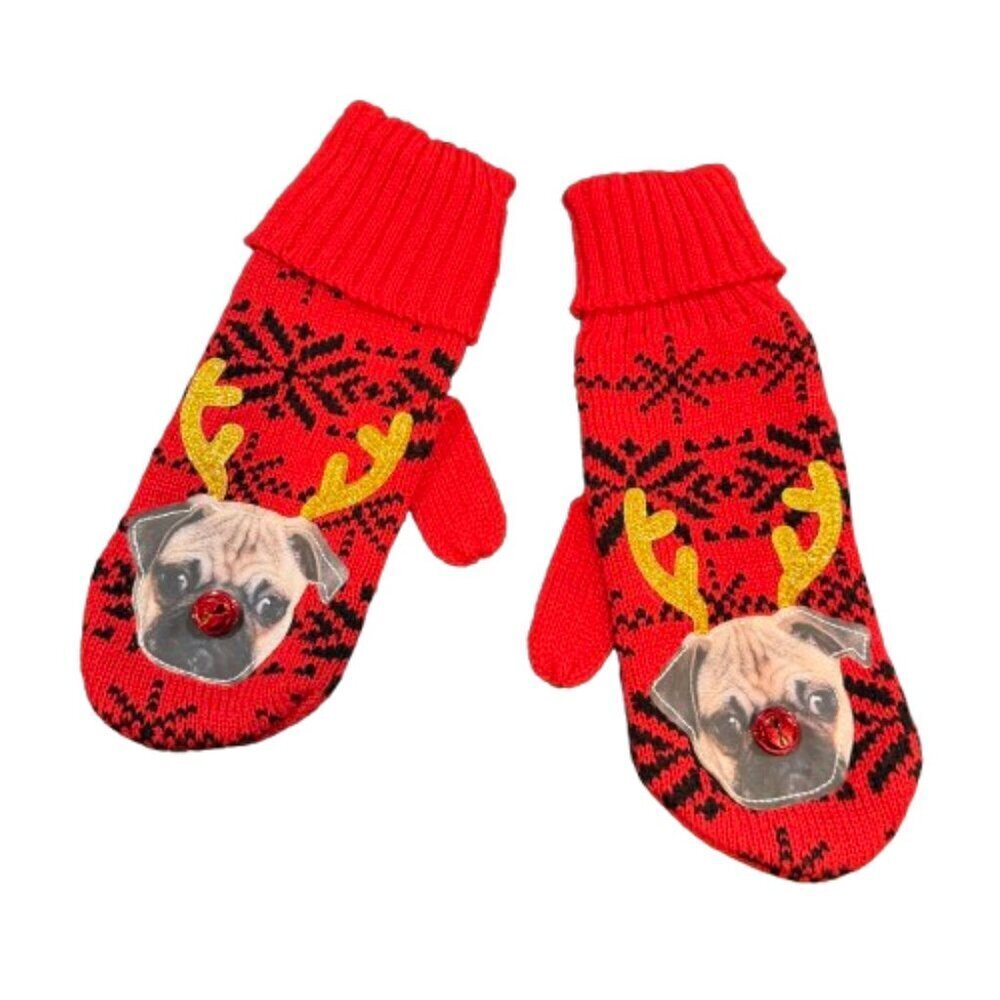 Pug Christmas Mittens Gloves One Size Fits Most Sweater Knit